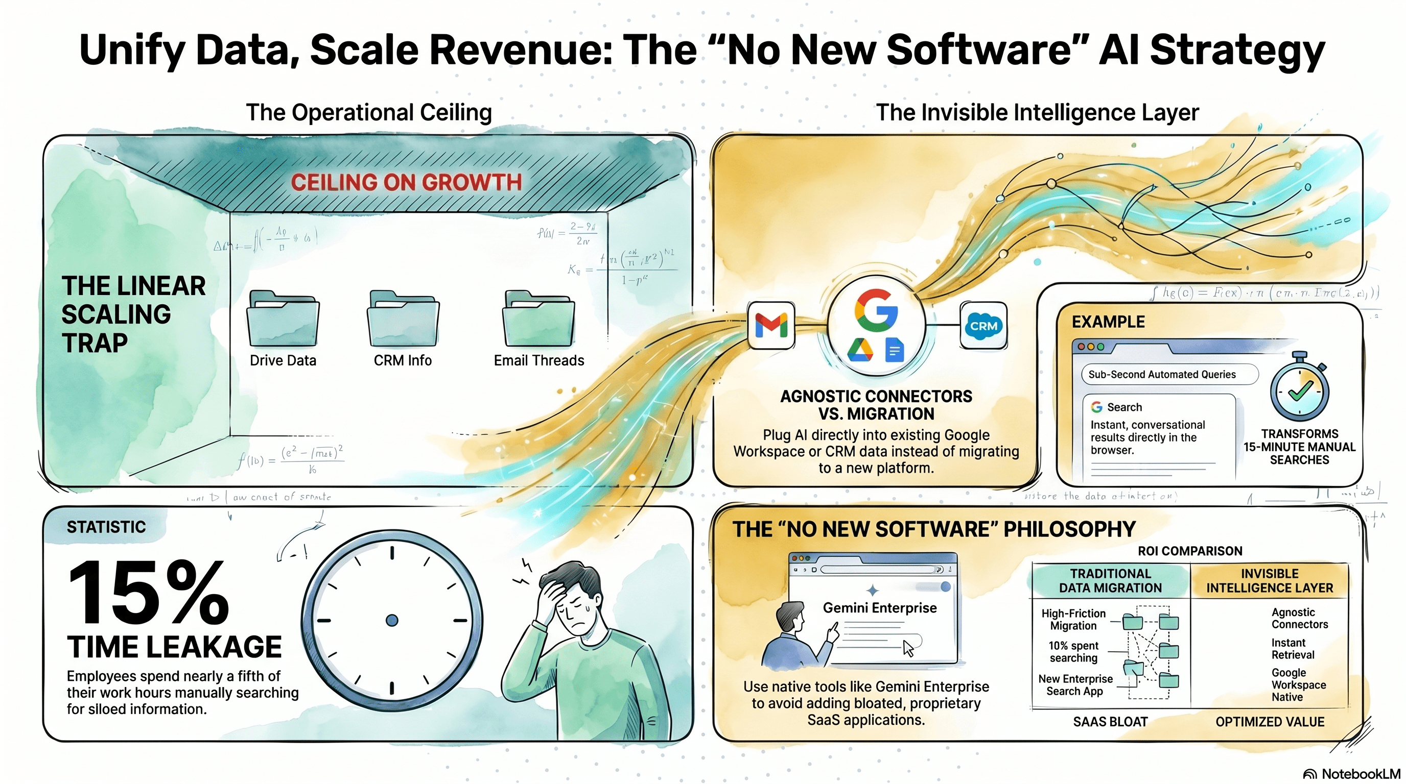 Unified enterprise data architecture showing an agnostic AI intelligence layer connecting siloed Google Drive files, CRM interaction histories, and email inboxes into a single conversational query interface, eliminating the operational drag of manual data retrieval and decoupling revenue growth from headcount