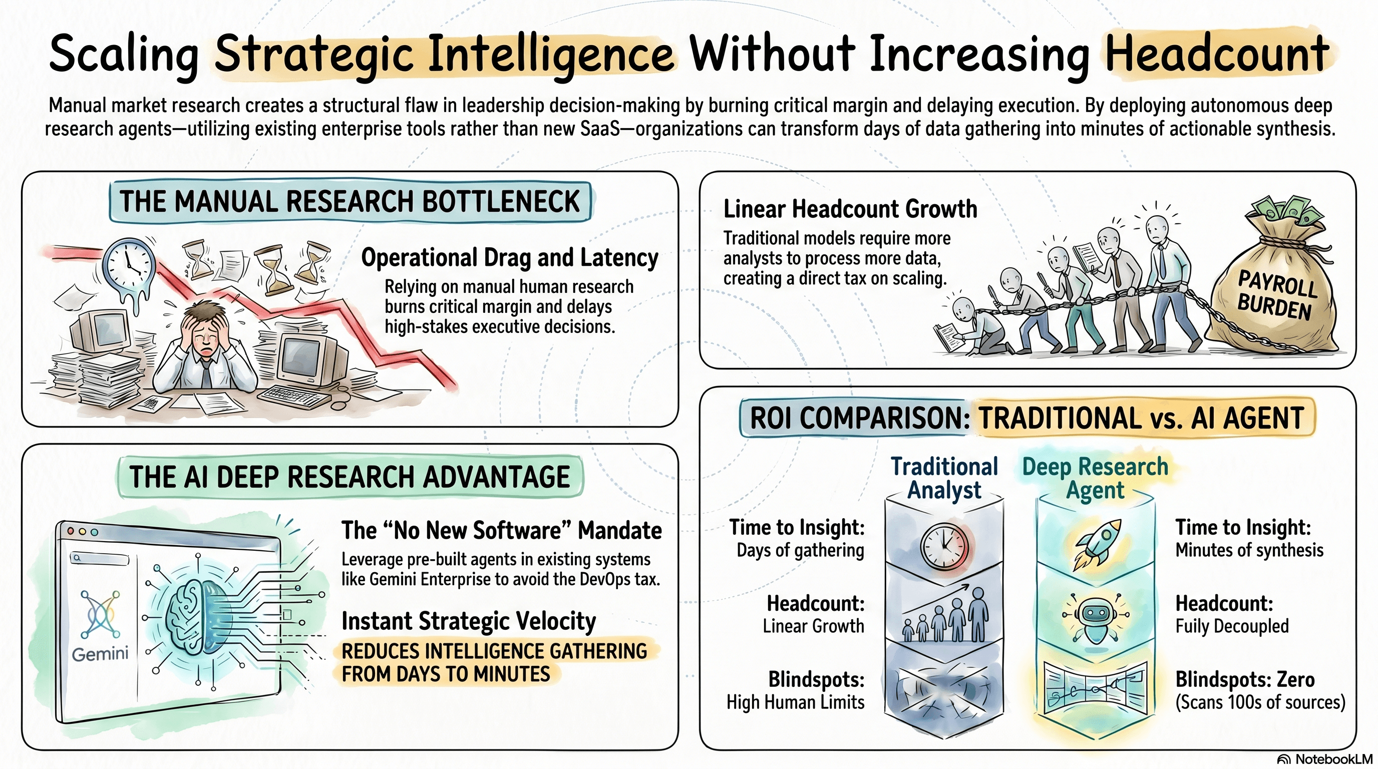Deep research AI agent executing autonomous multi-step queries across enterprise data and public web sources to synthesize competitive intelligence reports in minutes, replacing days of manual analyst research and decoupling strategic insight generation from headcount