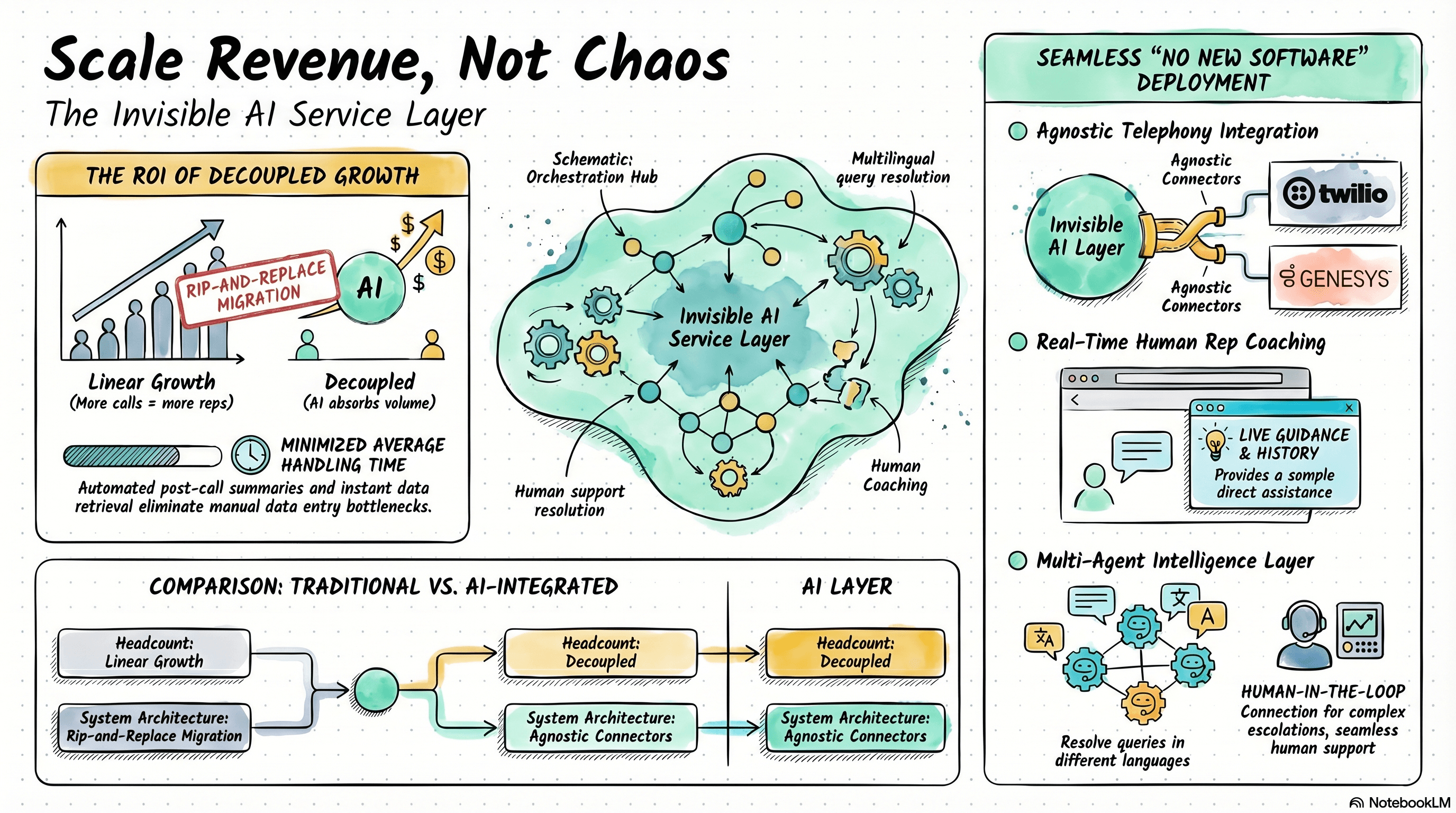 Multi-agent AI customer service architecture showing an invisible orchestration layer connecting Twilio, Genesys, and Cisco CCaaS systems to autonomously resolve multilingual tier-one queries and eliminate linear headcount scaling in high-growth SMB support operations