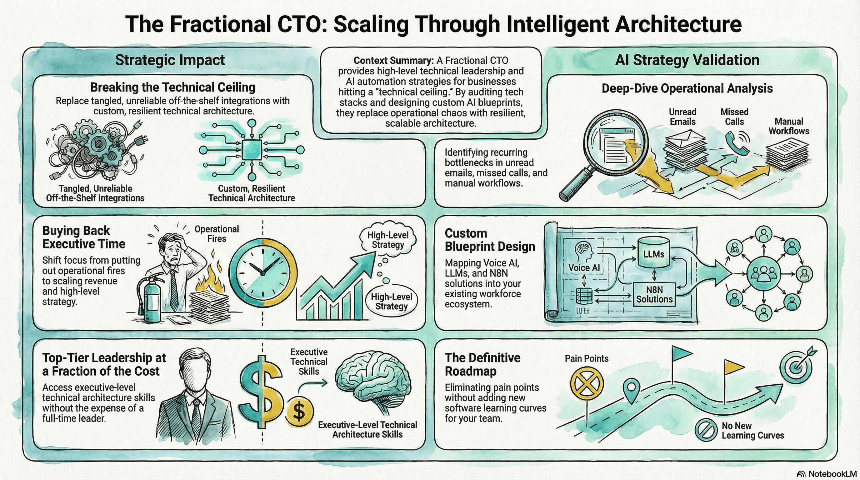 Fractional CTO auditing a small business tech stack tangled with disconnected Zapier integrations and off-the-shelf SaaS tools, designing resilient AI architecture to eliminate operational drag and buy back founder time without scaling headcount