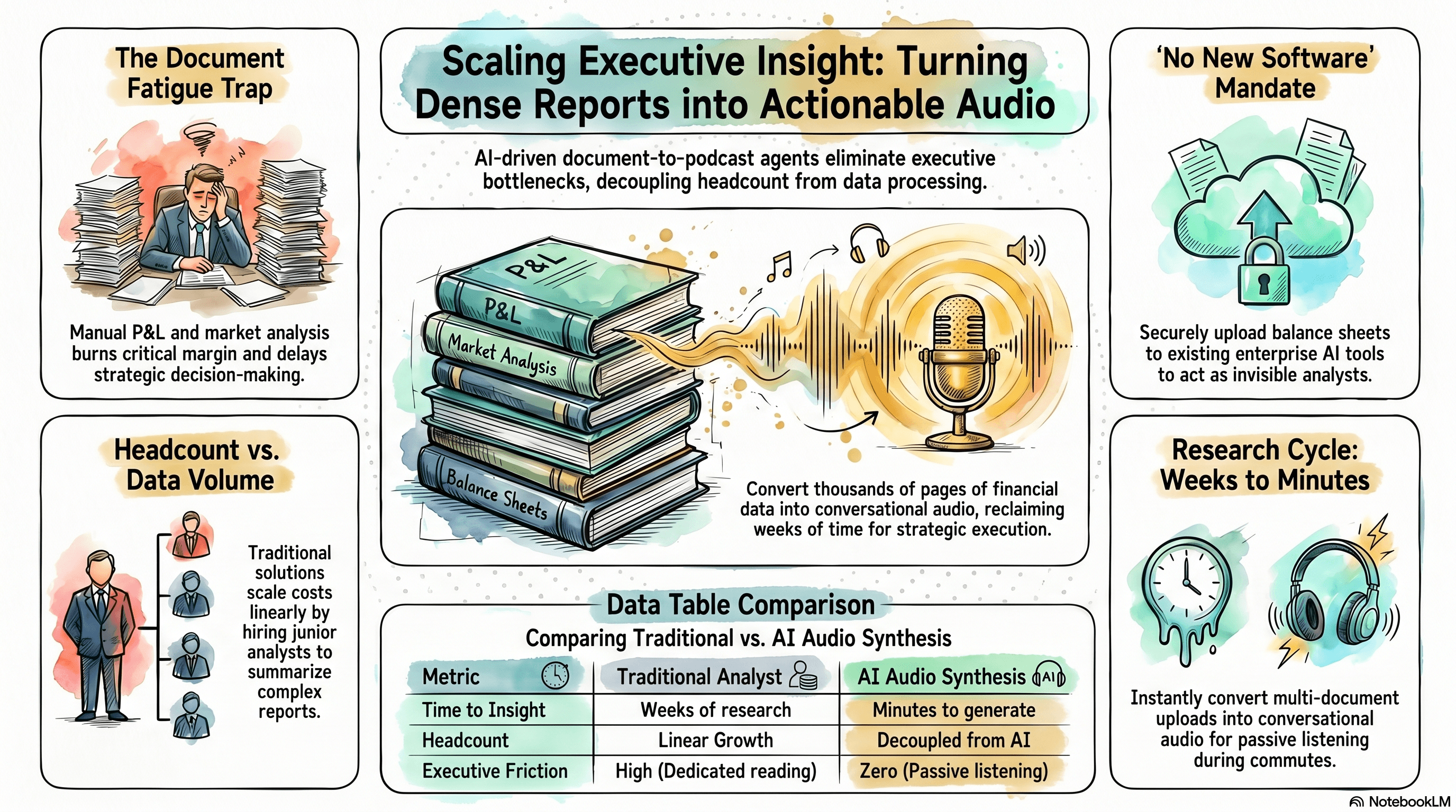 AI document-to-podcast agent using NotebookLM to transform dense financial reports, P&L statements, and market analyses into conversational audio summaries, allowing executives to absorb critical business intelligence passively during commutes and eliminating the operational drag of mandatory dedicated reading blocks