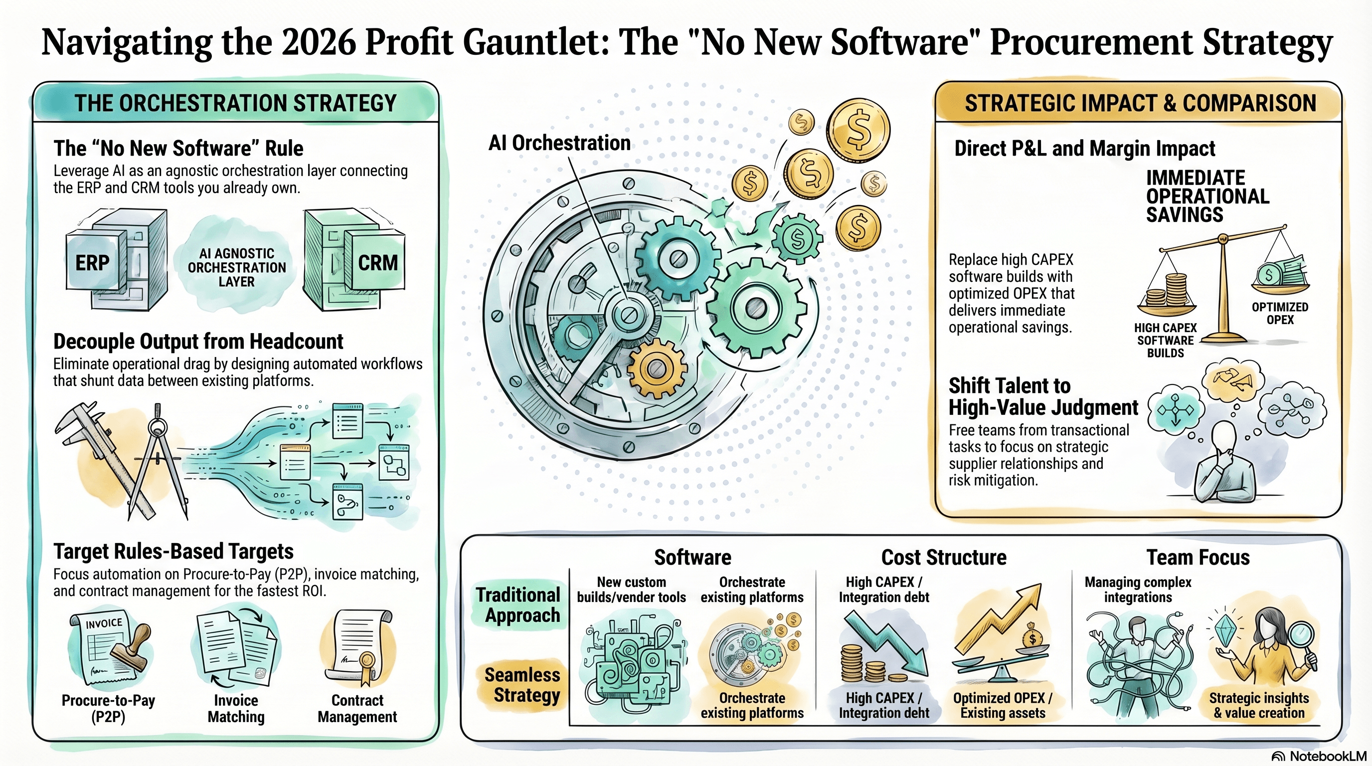 Watercolor schematic demonstrating how AI orchestration shunts data between existing ERP and CRM tools to decouple output from headcount and achieve immediate OPEX savings in procurement.
