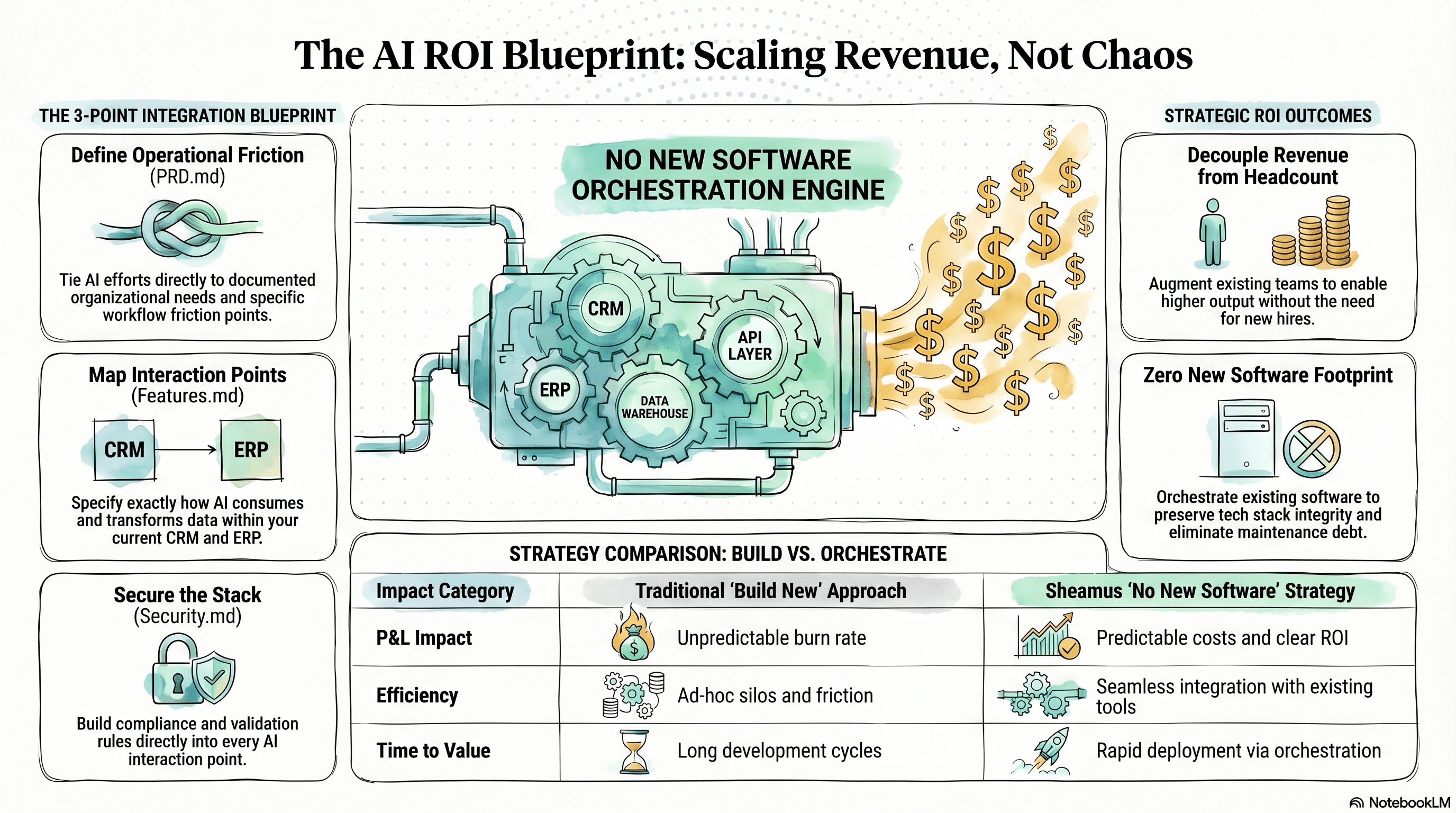 AI ROI blueprint diagram showing how a No New Software strategy orchestrates existing CRM, ERP, and API systems through an invisible AI layer to eliminate operational drag and decouple headcount from revenue growth
